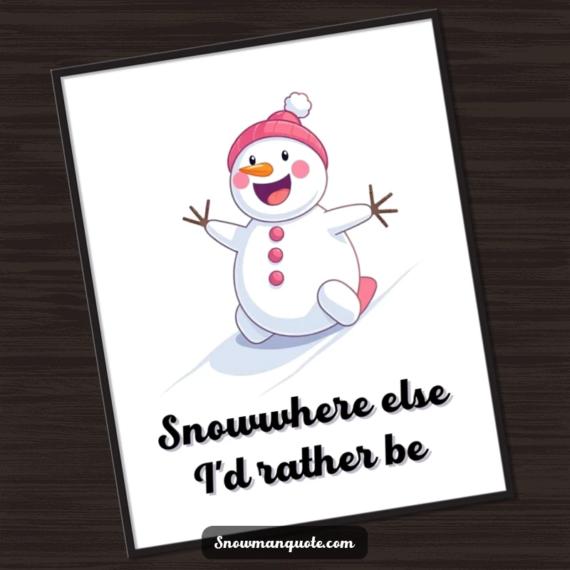 Funny Free Printable Wall Art of a cheerful snowman energetically rolling down a snowy hill, leaving tracks.