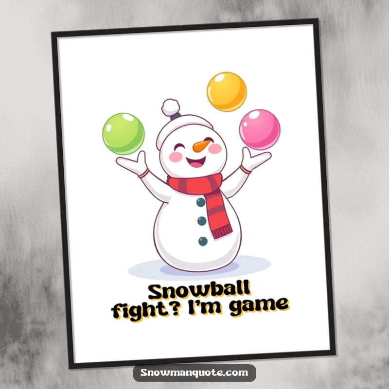 Funny Free Printable Wall Art: A snowman gleefully juggles three colorful snowballs, bringing playful energy and humor to your decor