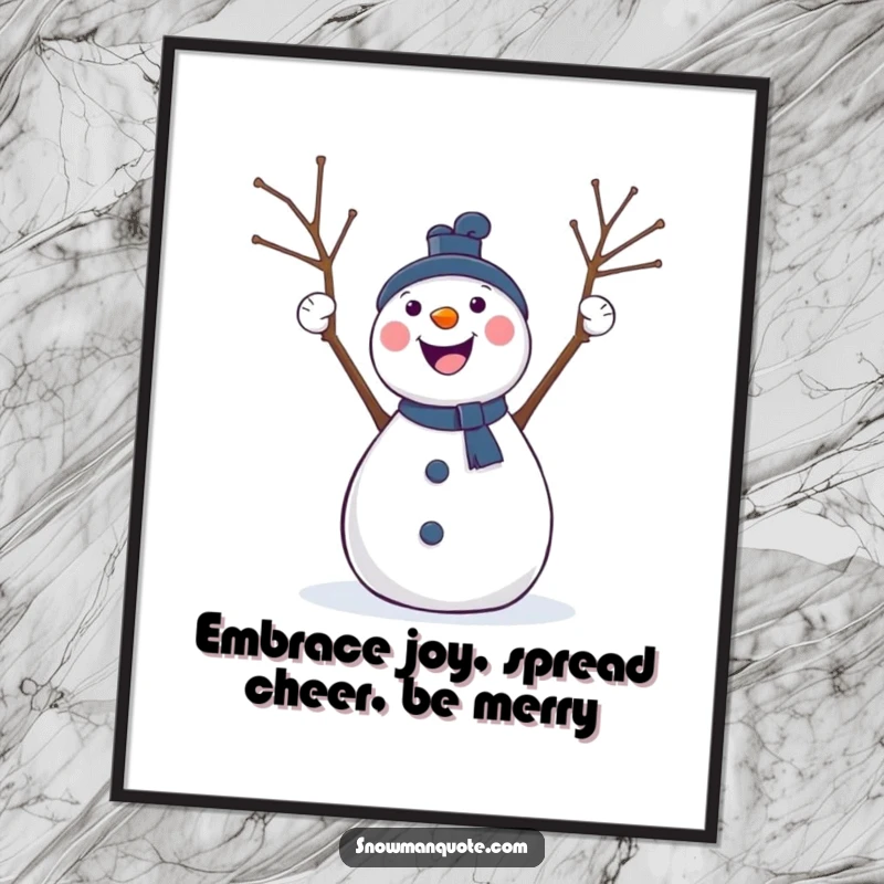 Funny Free Printable Wall Art: A joyful snowman with twig arms triumphantly raised in the air, radiating cheer.