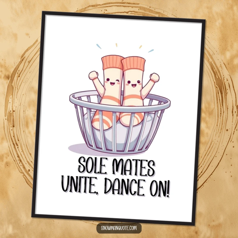 Funny Free Printable Wall Art: A sentient pair of socks enthusiastically dancing in a laundry basket.