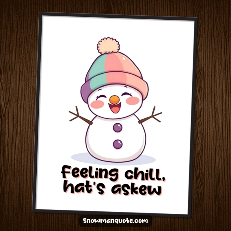 Funny Free Printable Wall Art depicting a snowman joyfully giggling while sporting a comically lopsided hat, creating a cheerful atmosphere.