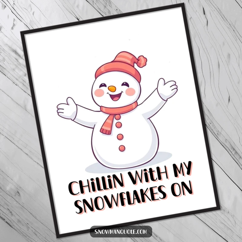 Funny Free Printable Wall Art: A jubilant snowman joyfully embraces a flurry of falling snowflakes with open arms, exuding winter happiness.