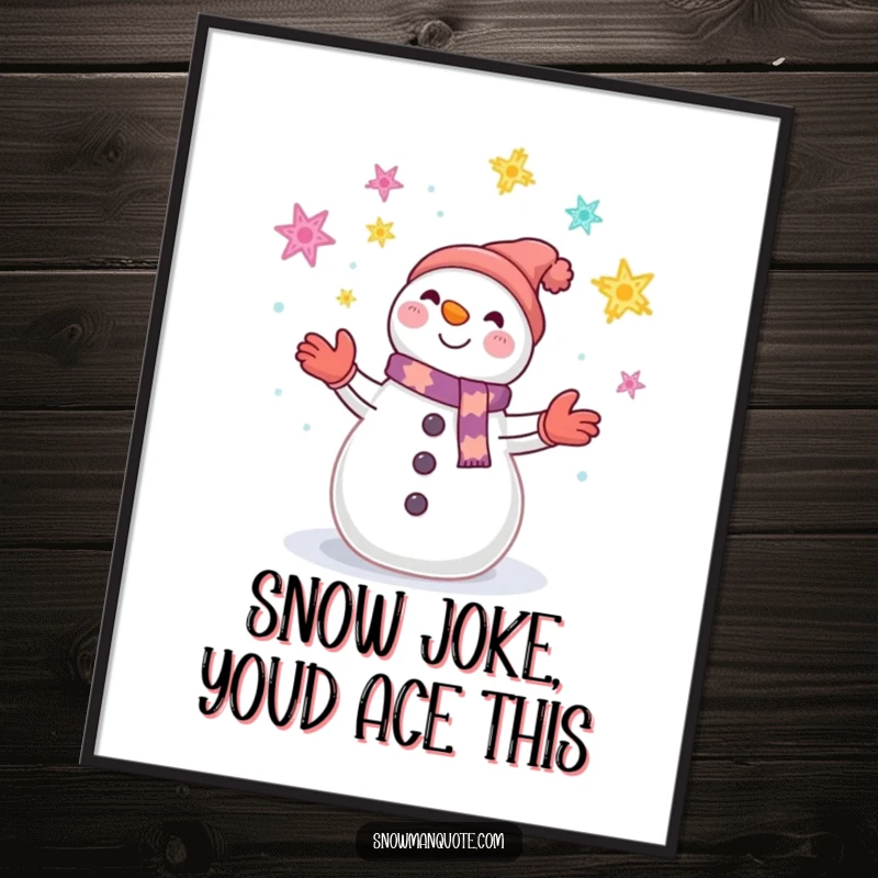 Funny Free Printable Wall Art: A cheerful snowman juggling brightly colored snowflakes with a happy smile.