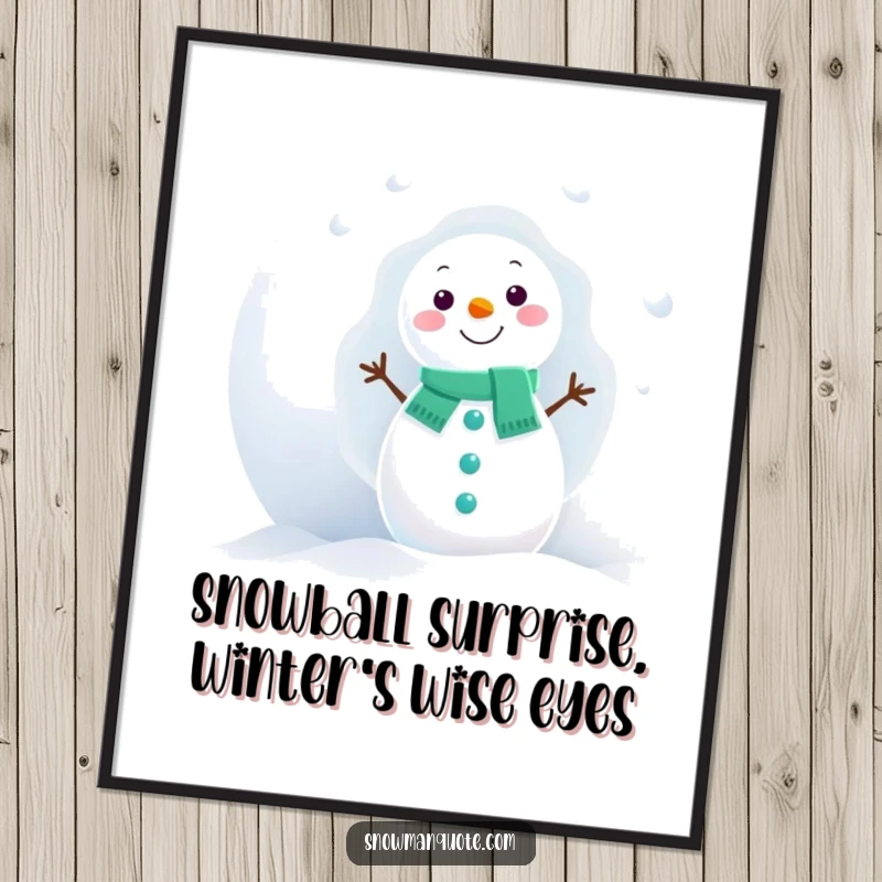 Funny Free Printable Wall Art: Snowman peeking enigmatically from behind a giant snowball, cute winter art.