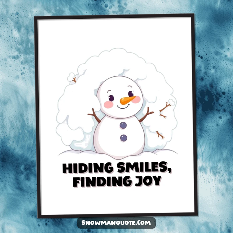 Funny Free Printable Wall Art of a snowman innocently peeking with delight from behind a snow-laden bush, bringing winter cheer.