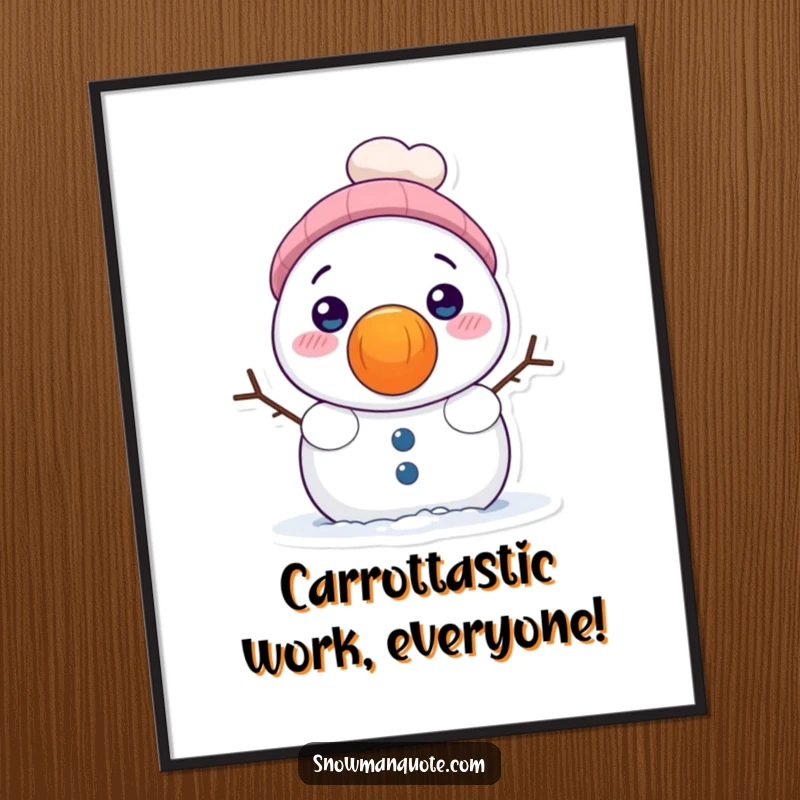 Funny Free Printable Wall Art: A snowman peeking playfully from behind a comically large carrot nose, wintery and fun.
