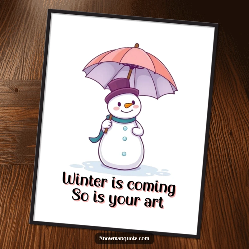 Funny free printable wall art of a snowman comically battling a large umbrella, bringing quirky humor to any wall.