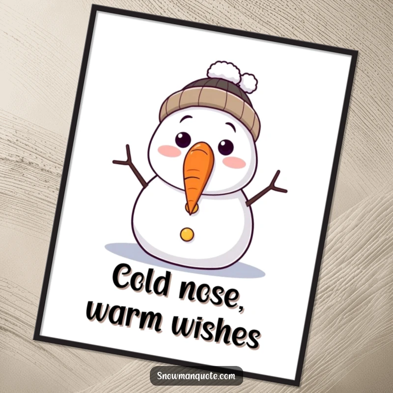 Funny Free Printable Wall Art: A surprised snowman looking bewildered as his carrot nose plops to the ground, adding cartoonish charm.