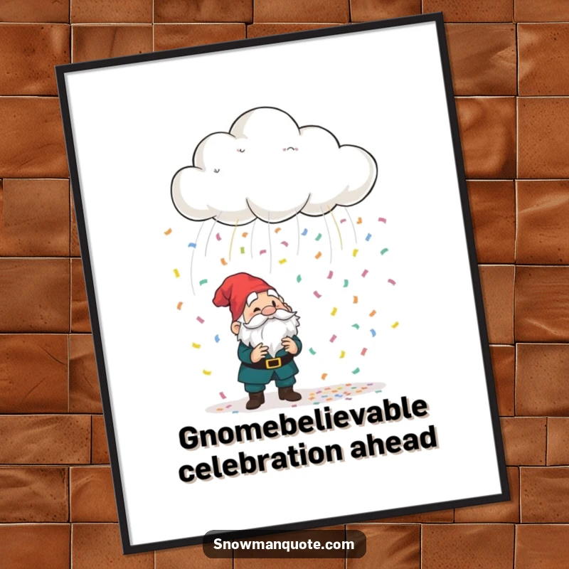 Funny Free Printable Wall Art: A playful cloud raining colorful confetti onto a bewildered garden gnome.