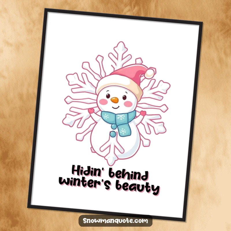 Funny Free Printable Wall Art: A cute snowman peeks out from behind a giant snowflake, adding a playful winter scene.