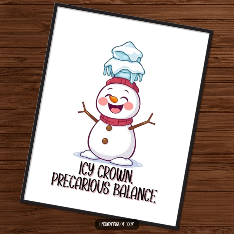 Funny Free Printable Snowman Wall Art: Giggling snowman balancing stack of icicles on head, whimsical winter art, decor