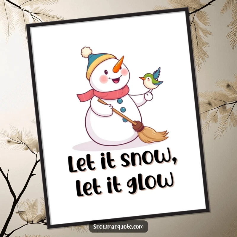 Funny Free Printable Wall Art of a snowman looking thrilled as a little bird lands on its broomstick perch.
