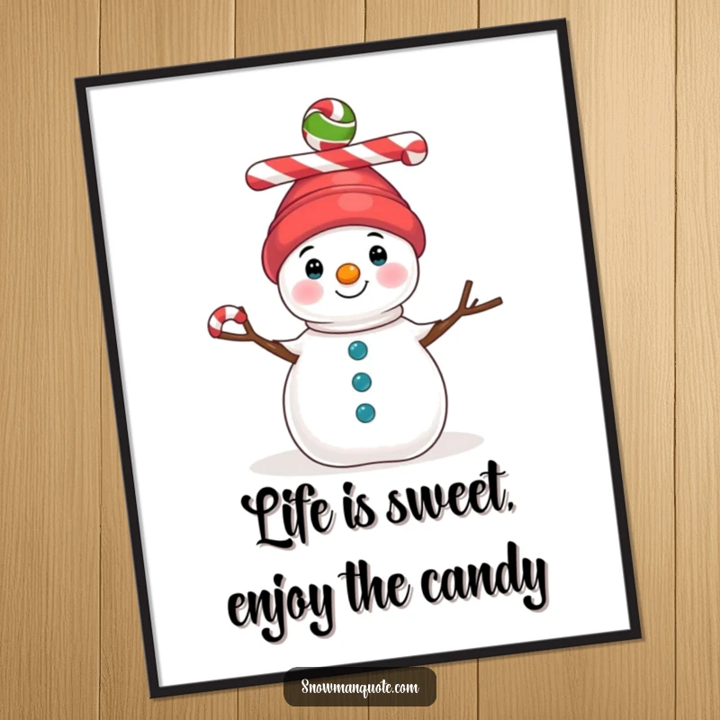 Funny Free Printable Wall Art: A whimsical snowman wears a vibrant crown of three colorful candy canes, radiating festive charm.