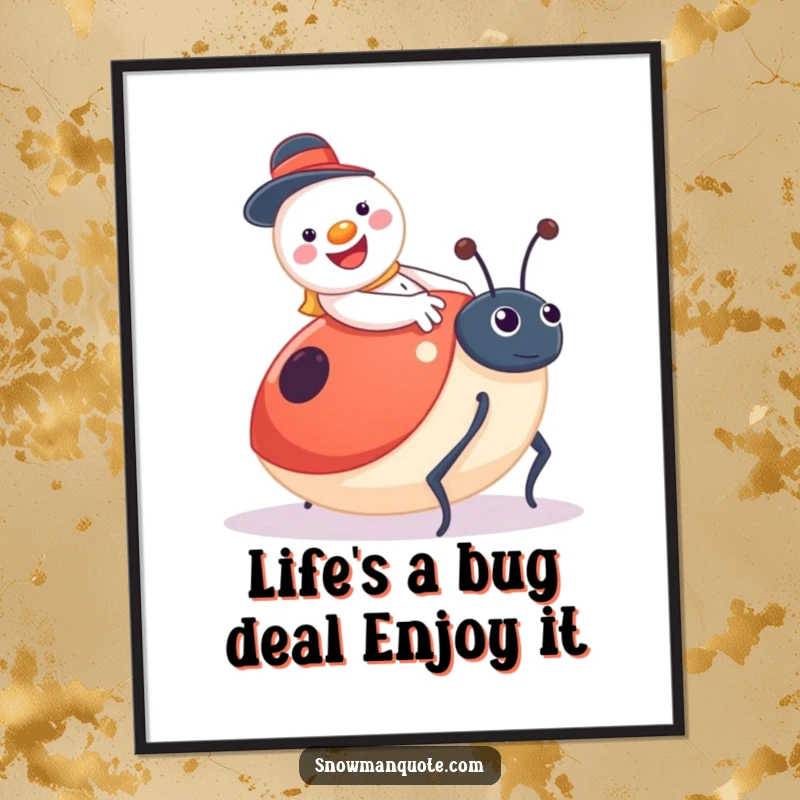 Funny Free Printable Wall Art: Jolly snowman with button smile rides a giant, surprised ladybug.