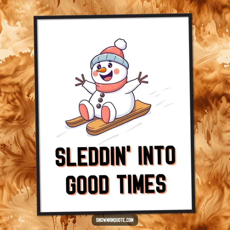 Funny Free Printable Wall Art: Happy snowman joyfully slides down a snowy hill on a sled, capturing winter adventure.