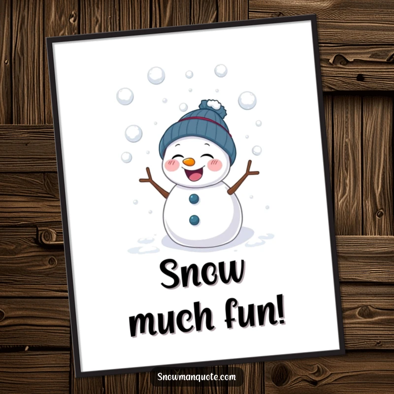 Funny Free Printable Wall Art: A jolly snowman giggling uncontrollably while soft snowballs playfully land on him, a scene of pure winter amusement.