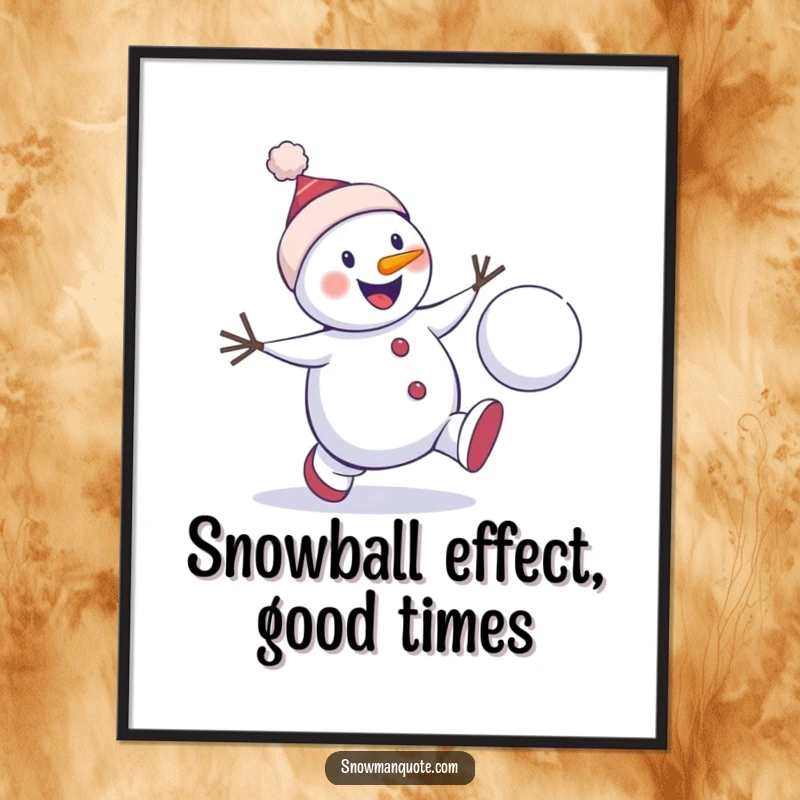 Funny Free Printable Wall Art: A snowman excitedly chases a bouncing snowball, bringing playful winter action.