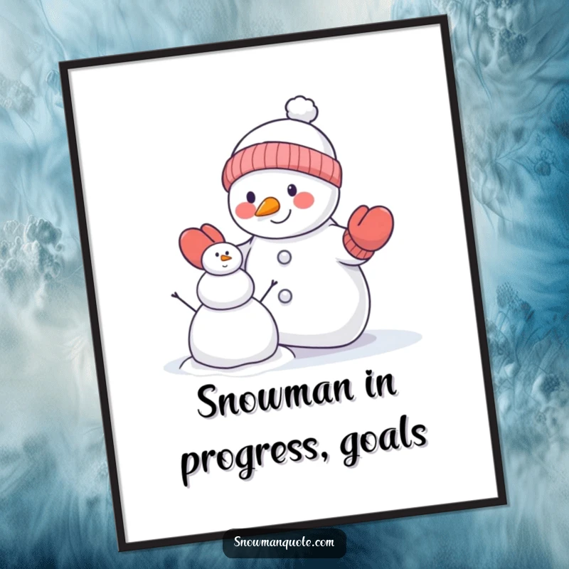 Funny Free Printable Wall Art: A snowman wearing mittens comically attempts to construct a miniature snowman, a humorous piece for your wall.