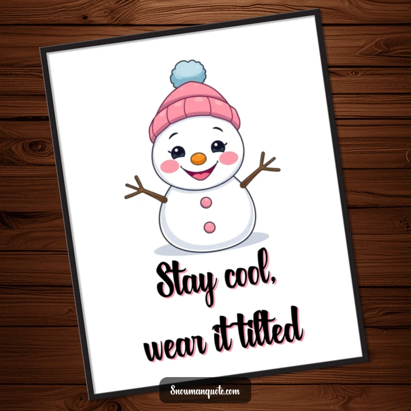 Funny Free Printable Wall Art: A snowman wears a wide, infectious grin and a tilted hat, exuding cheerful winter vibes.