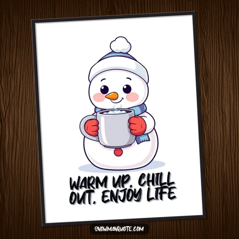 Funny Free Printable Wall Art: A smiling snowman offers a steaming mug, radiating warmth and cozy vibes for inviting decor.