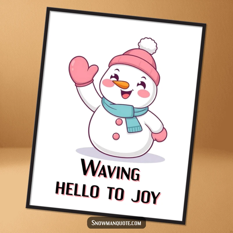 Funny Free Printable Wall Art: An energetic snowman waves a large mitten-clad hand, radiating warmth and friendly greetings.