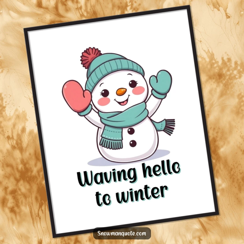 Funny Free Printable Wall Art: Cheerful snowman wearing a scarf happily waves a mitten, adding winter joy.