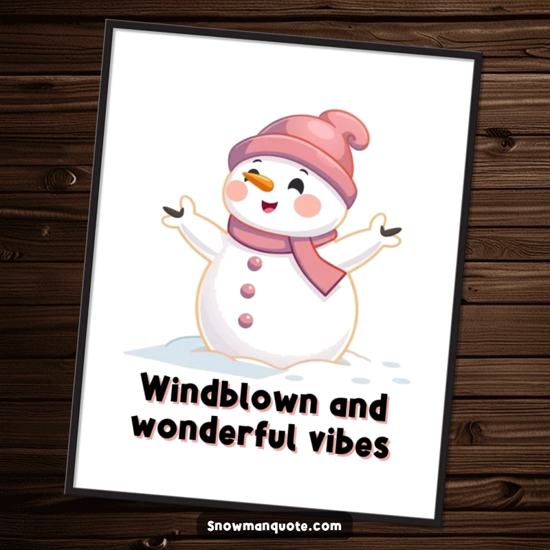 Funny Free Printable Wall Art: A snowman with arms flailing is humorously caught in a gentle gust of wind, a delightful winter scene.