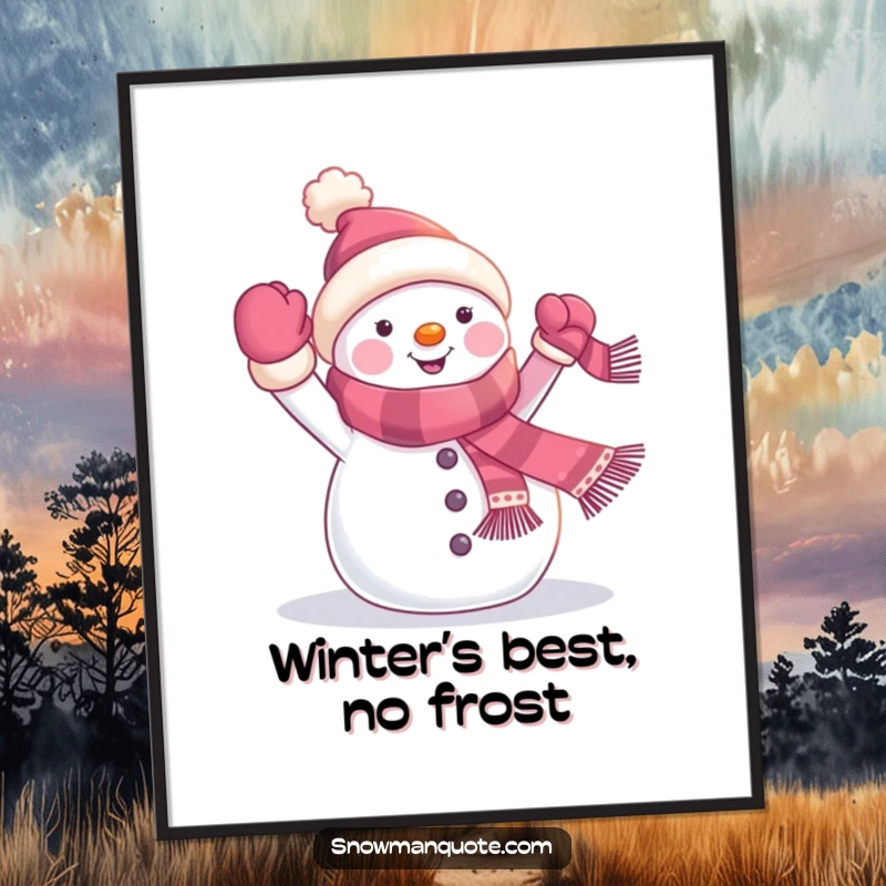 Funny Free Printable Wall Art: A cheerful snowman enthusiastically waves a tiny scarf banner, spreading winter joy.