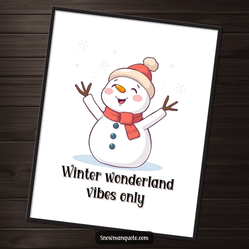 Funny free printable wall art: A joyful snowman whose twig arms are waving excitedly at soft, falling snowflakes.