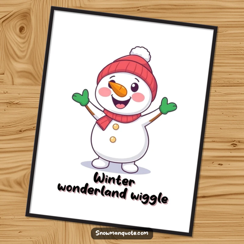 Funny Free Printable Wall Art: A cheerful snowman with a carrot nose, joyfully dancing with arms outstretched, embodying winter fun.