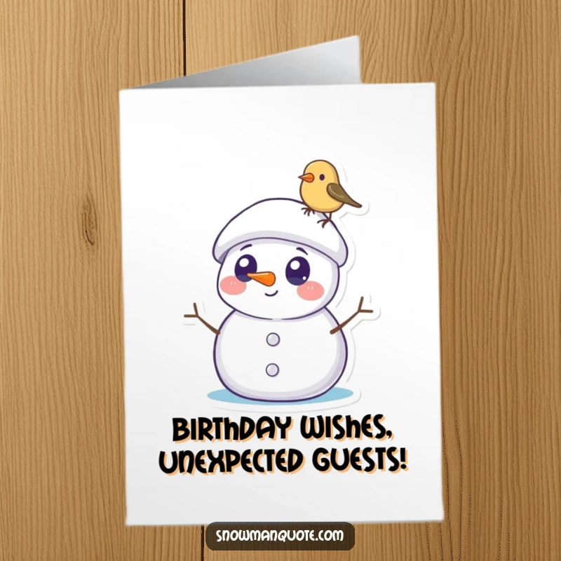 Funny Free Printable Snowman Birthday Card: Snowman surprised by bird on hat, winter birthday, downloadable greeting