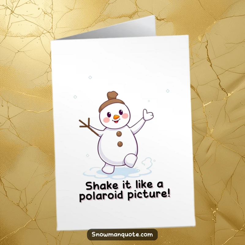 Funny Free Printable Birthday Card: Dancing snowman with twig arms waving, kicking up snow, celebrating wildly.