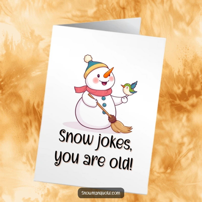 Funny Free Printable Birthday Card featuring a delighted snowman beaming as a cheerful bird perches on its broomstick.
