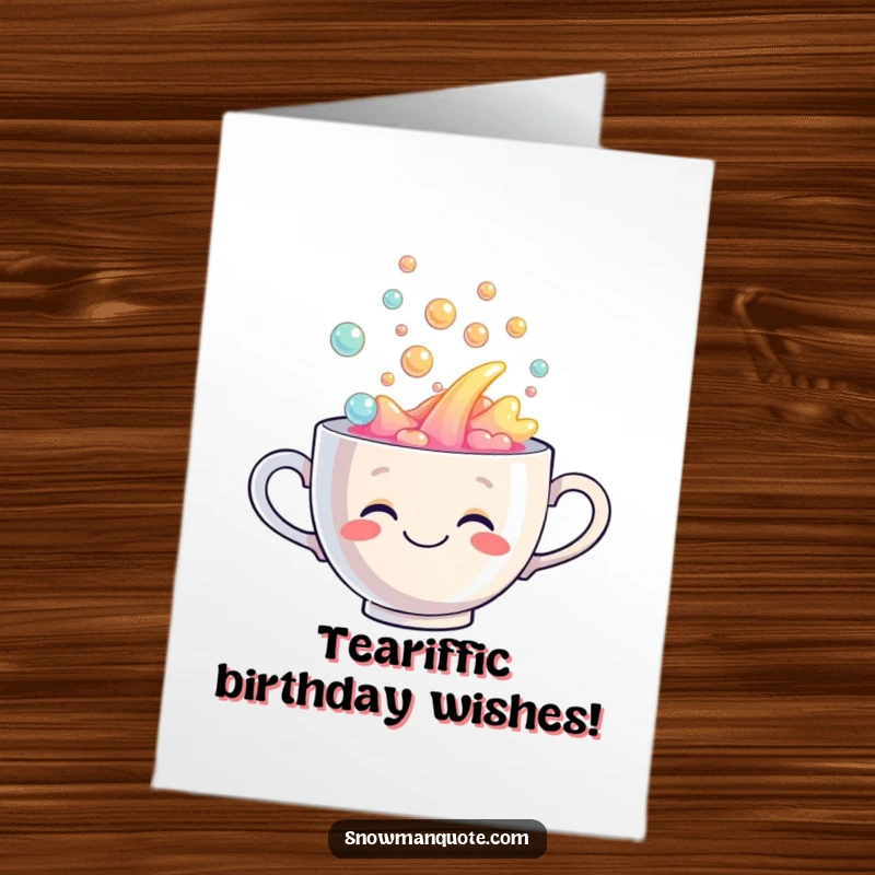 Funny Free Printable Birthday Card: Smiling teacup overflowing with bubbly rainbow liquid, ready to party.