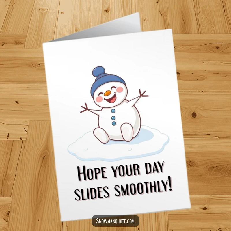 Funny Free Printable Birthday Card showing a smiling snowman comically losing his footing on a slippery ice patch, mid-fall.