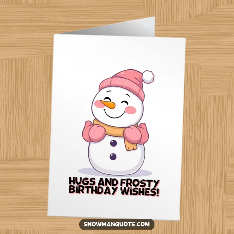 Funny Free Printable Birthday Card showing a happy snowman with gloved arms extended, offering a welcoming and warm hug.