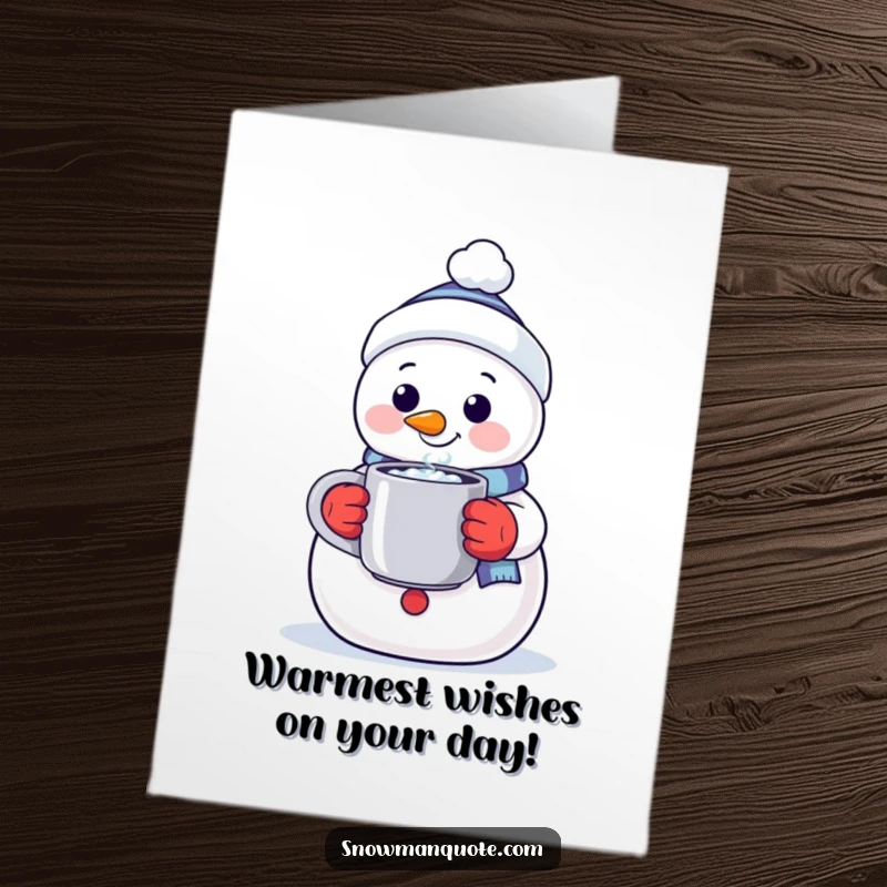Funny Free Printable Birthday Card: A friendly snowman with a warm smile offers a steaming mug, spreading cozy birthday cheer.