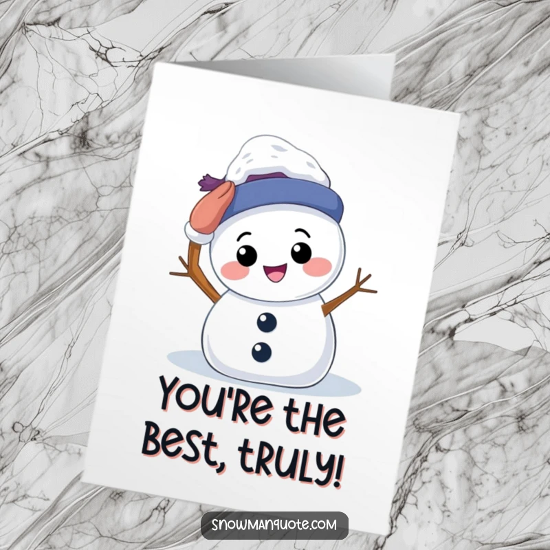Funny Free Printable Birthday Card: Happy snowman attempting to pat its own head, a humorous downloadable greeting.