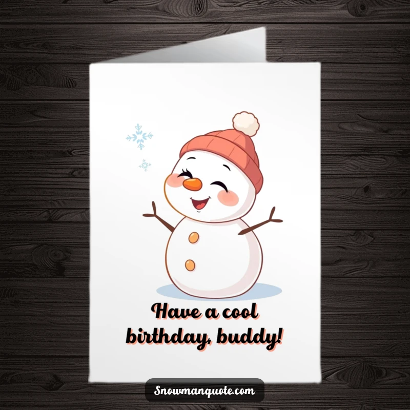Funny Free Printable Snowman Birthday Card: Cheerful snowman winking at snowflake, winter birthday, downloadable greeting