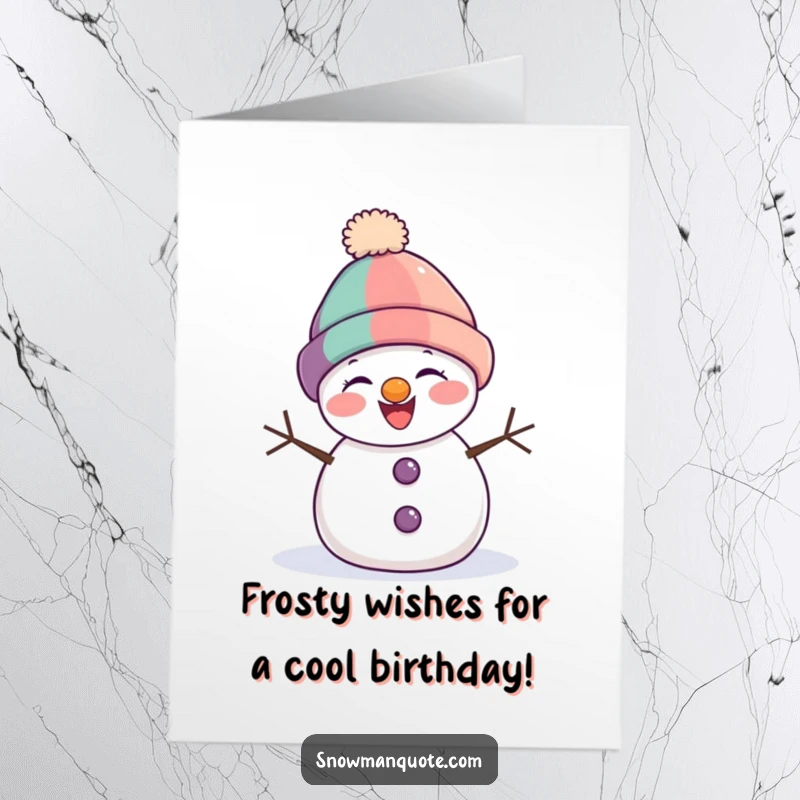 Funny Free Printable Birthday Card featuring a giggling snowman with a hilariously lopsided hat, spreading winter cheer and laughs.