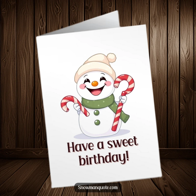 Funny free printable birthday card featuring a snowman with a huge goofy grin, offering a candy cane, spreading holiday cheer.