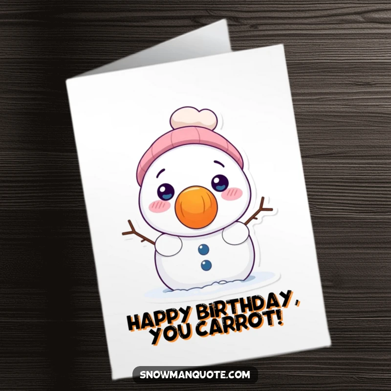 Funny Free Printable Birthday Card: A snowman peeking cheekily from behind a giant, vibrant carrot nose.
