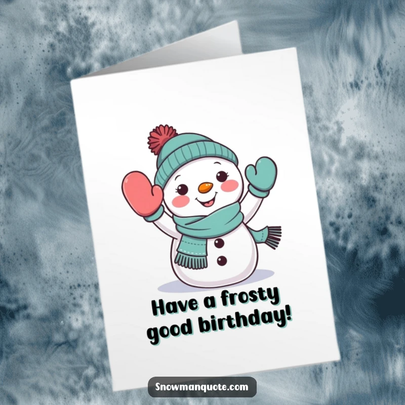 Funny Free Printable Birthday Card: Cheerful snowman wearing a scarf happily waves a mitten, sending birthday greetings.