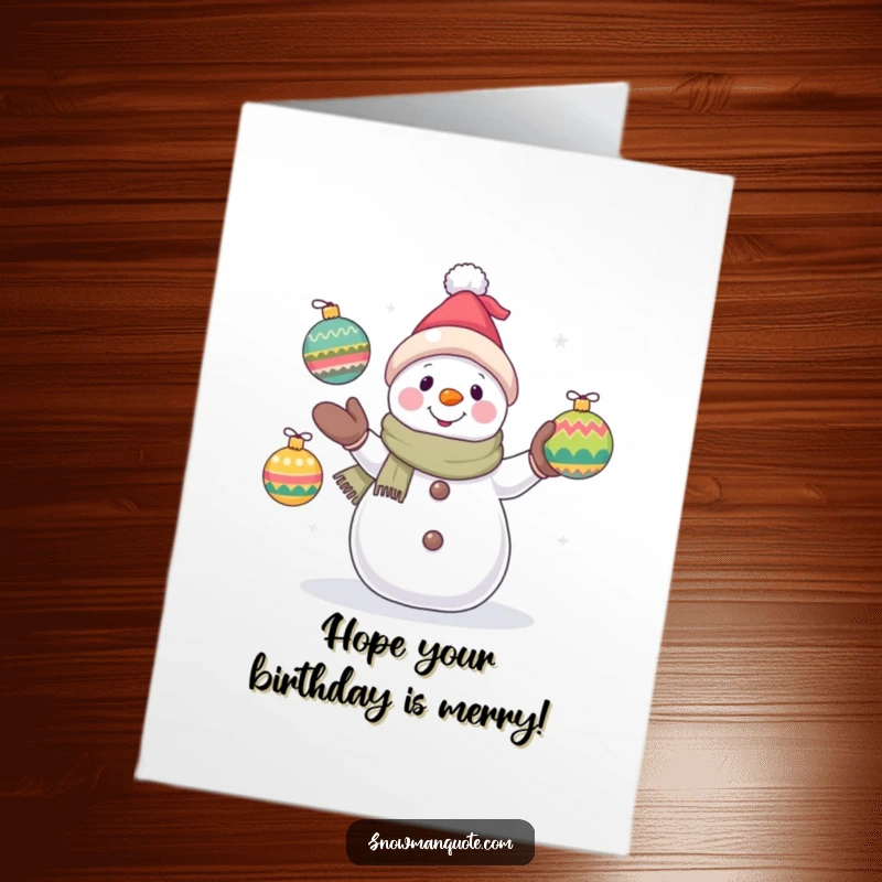 Funny Free Printable Birthday Card: A cheerful snowman juggling colorful ornaments with a hopeful expression, perfect for a winter birthday.