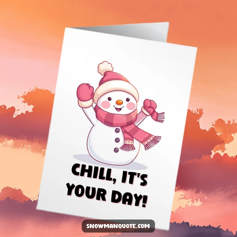 Funny Free Printable Birthday Card: A cheerful snowman waves a tiny scarf banner, wishing happy birthday.