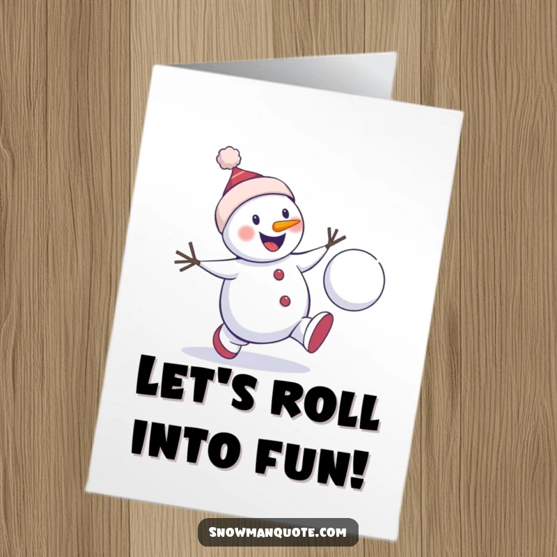 Funny Free Printable Birthday Card: A snowman excitedly chases a bouncing snowball, celebrating a birthday.