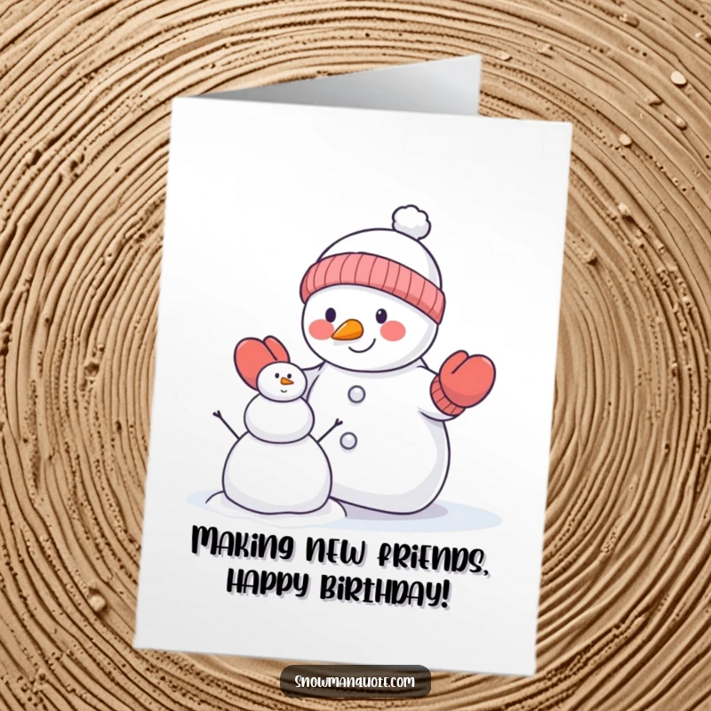 Funny Free Printable Birthday Card: A snowman wearing mittens earnestly attempts to build a tiny snowman, a humorous birthday wish.