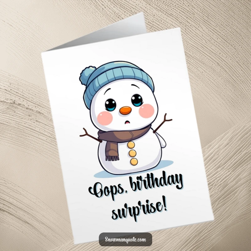 Funny Free Printable Birthday Card: Surprised snowman with hat over button eyes, a comical downloadable greeting.