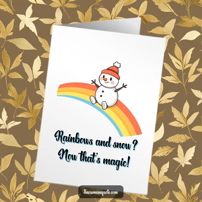 Funny Free Printable Birthday Card: Cheerful snowman in a tiny hat joyfully slides down a vibrant rainbow.