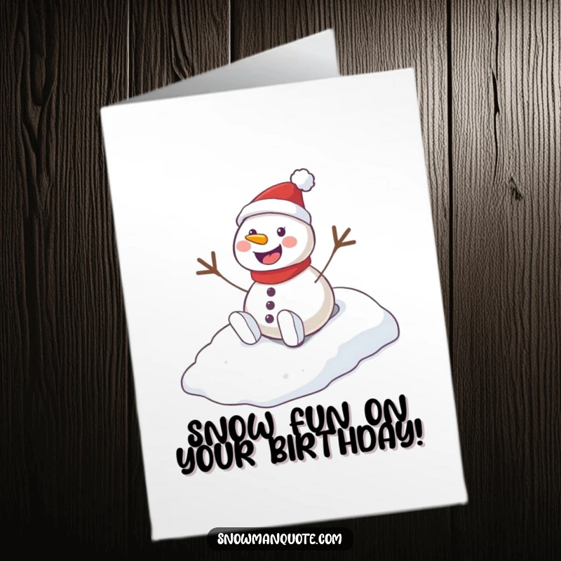Funny Free Printable Snowman Birthday Card: A joyful snowman slides downhill whooping, adding a fun twist to birthday wishes.